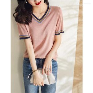 Women's Sweaters Flash Bright Silk Short Sleeve Contrast Color V-neck Summer Slimming And Fashionable Ice Sweater Women Wholesale