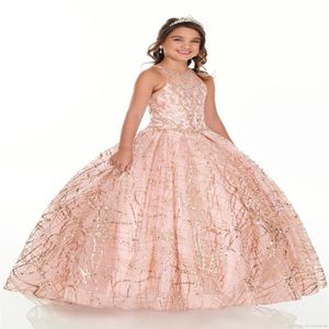2020 Bling Rose Gold Mini Quinceanera Festzugskleider für kleine Mädchen Glitzer Tüll Juwelen Strassstiche Perlen Party Kleid Kleinkind 238p