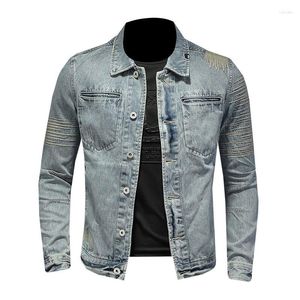 Herrjackor 2023 Spring Denim Jacket Polo långärmad topp vintage broderi smal fit street