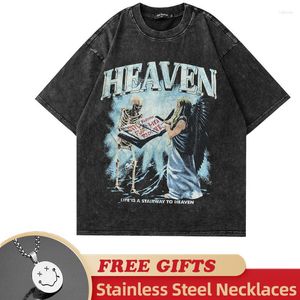 Camiseta Masculina Crânio Esqueleto Anjo Estampa Gráfica Camisa Masculina Streetwear Hip Hop Punk Gótico Vintage Lavado Camiseta Harajuku Moda Casual