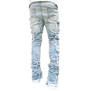 Mens Jeans Regular Fit staplad lapp nödläge förstörde rak denim byxor streetwear kläder casual jean zclv