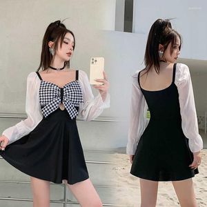 Women's Swimwear Korea Style Long Sleeve Two Piece Swimsuit Women Patchwork Vintage Skirt Monokini Push Up Pad Bathing Suit