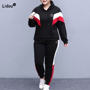 Fatos de treino femininos plus size Moda com capuz cor contrastante cordão manga longa top cintura elástica etiqueta calças soltas esportes casuais conjuntos de duas peças 230721