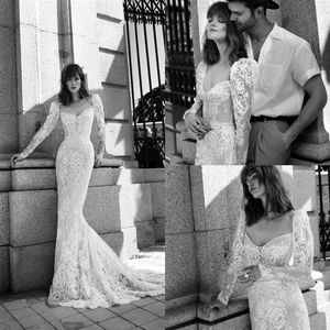 2020 Abiti da sposa bohémien Flora con maniche in pizzo Appliqued Sweetheart Sweep Train Abito da sposa a sirena Abiti su misura 233F