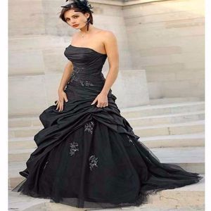 Black Gothic Wedding Dresses 2019 New Custom Sweep Train A-Line Pleats Applique Tulle Taffeta Strapless Bridal Gowns Vestidos de N326v