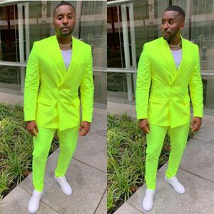 Fluorescent Green Men's Suit Jacket and Pant Set, Double Breasted Custom Made Formal Suits for Wedding and Business