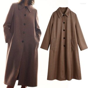 Trench Coats Feminino 2023 Primavera Outono Houndstooth Casaco Elegante Outerwear Para Mulheres Gola Turndown Cinza Inverno Jaqueta