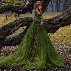 Hunter Green Prom Dress Long Rleeves A Line Appliques Lace Rosja Saudyjska arabska sukienka imprezowa szata de soiree de Mariage295v