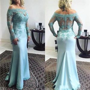 2020 Turquoise Mermaid Mother Of The Bride Dresses Off Shoulder Lace Appliques Long Sleeves Plus Size Party Dress Wedding Gues2308