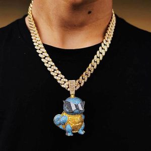 Hänge halsband hiphop cz sten stenlagd bling is ut guldfärg cool tecknad sköldpadda hängen för män rappare smycken gåva284e