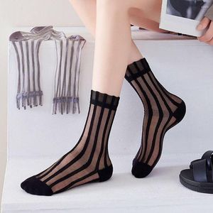 Women Socks Fashion Striped Mesh Glass Silk For Thin Transparent Elastic Summer Nylon Breathable Middle Tube