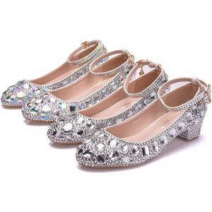 3cm Low Heel Comfortable Performance Shoes Round Toe Rhinestone Wedding Formal Dress Shoes Chunky Low Heel Party Prom Pumps260p