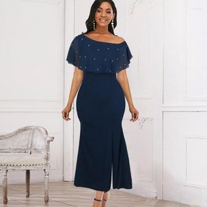 Casual Dresses Women Navy Blue Dress Off Shoulder Beaded Ruffle Patchwork Bodycon Midi Birthday Party Wedding Female Summer Robes 2023