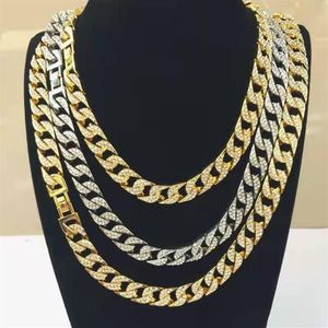 Zincirler rapçi hip hop buzlu döşeli rhinestone 15mm Miami Curb Küba bağlantı zinciri erkekler için altın şeridi kolyeleri kadın takı seti c2865