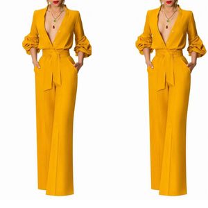 Żółte niestandardowe kobiety smokingowe garnitury ulicy wysoki talia dama blezer garnitur noszenie balu imprezowe stroje biznesowe 2 sztuki 287z