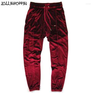 Herrbyxor män sammet velor spårbyxor dragstring elastisk midja hip hop streetwear mens vin röd jogger front veckad design