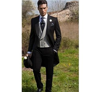 New Morning Style Black Man Tailcoat Groom Tuxedos Peak Lapel Groomsmen Tuxedos Mens Wedding Suits Jacket Pants Vest261R