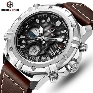 Reloj Hombre GoldenHour Sport Leather Men Watch Digital Automatic Waterpoof Military ManリストウォッチRelogio Masculino234L