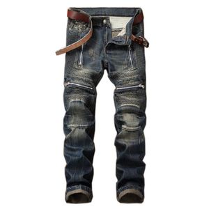 Mens Biker Pleated Jeans Pants Washed Zipper Motorcycle Denim Trousers For Male Washed Plus Size 29-42218b