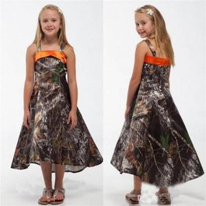 Новый Hi-Lo Camo Wedding Flower Girls Frings Spaghetti Braps линия чайная платья для подружек невесты с чаем.