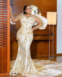 2023 Aso Ebi Gold Mermaid Prom Dress Sequined Lace Sexy Evening Formal Party Second Reception Birthday Engagement Gowns Dresses Robe De Soiree ZJ756
