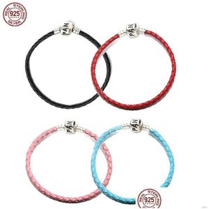 Charm Bracelets 2023 925 Saf Sier Style Kırmızı Deri Halat Mektup Bilezik İlkel Pandora DIY Moda Mücevher Dh6wi için uygundur