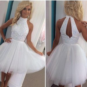 Luxury White Beaded Short Prom Dresses A Line High Neck Keyhole Back Tulle Plus Size Homecoming Party Formal Evening Gowns270b