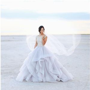 New Ball Gown Modest Wedding Dresses With Cap Sleeves beaded Bodice Ruffles Skirt Country Formal Bridal Gowns Non White Custom2944