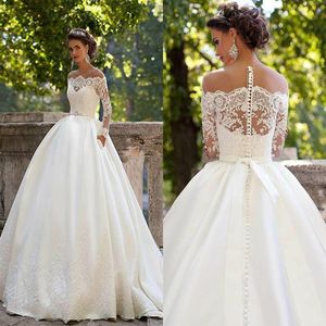 Znakomita iluzja Milla Nova Sheer Jewel Długie rękawowe suknie ślubne Satin Ball 2018 For Western Style A Line Bridal Stun Church 299e