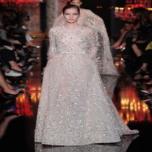 2016 O Neck Long Sleeve Prom Evening Dresses Elie Saab Gowns Beaded Rhinestones Pocket Long Celebrity Dresses231t