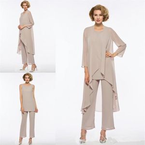 Plus Size Mother Of The Bride Pant Suit 3 Piece Chiffon for Beach Wedding Mother's Party Dresses Long Sleeves Cheap Formal Ev286q