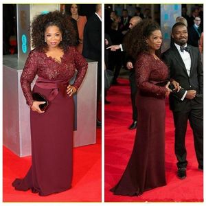 Oprah Winfrey Bourgogne långa ärmar Lace Top Modest Mother of the Bride Evening Dresses Custom Plus Size Celebrity Red Carpet Gown3249