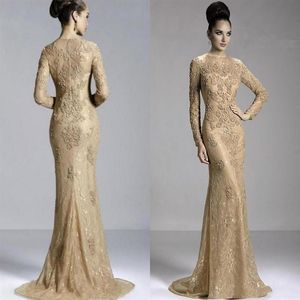 2020 tanie złote szampana syrena wieczorowe sukienki Pełne koronkowe aplikacje z koralikami klejnotami długie rękawy formalne suknie wieczorowe Prom PAG3066