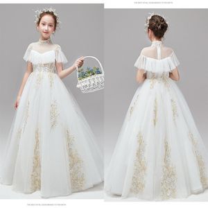 2021 Pierwsze sukienki Komunii Świętej Wysokiej szyi Tiul Tiulle Gold Gold Boho krótkie rękawy Flower Gilr Dress for Wedding Toddler 257F