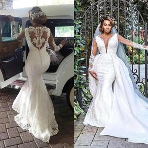 Sjöjungfrun bröllopsklänningar med löstagbart tåg 2020 Luxury Lace Applique pärlstav långärmad plus size bröllop brudklänningar2752