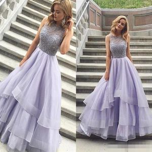 Perlen verziertes, abgestuftes Ballkleid, arabische Ballkleider, charmantes, ärmelloses, ärmelloses Organza-Lavendel-langes Abendkleid, formelle Kleider334j