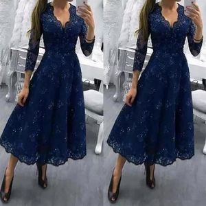 Navy Blue V Neck Modest Tea Length Plus Size Mother of the Bride Dress 3 4 Long Sleeves Wedding Party Gowns Lace Formal Guests2297