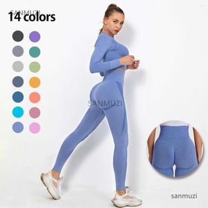 Active Sets Women Seamless Gym Set Long Sleeve Upper High Waist Belly Control Sport Leggings Clothes Suit Sexy Girls