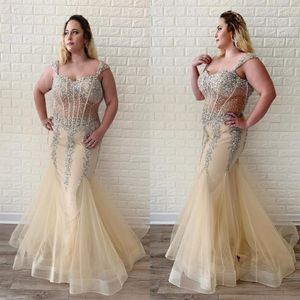 Popular Champagne Mermaid Evening Prom Dresses Boné mangas curtas corpete de cristal transparente vestido de festa formal personalizado Ma230w