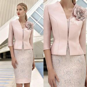 Elegante rosafarbene Kleider für die Brautmutter mit Jacke, Spitze, Perlenapplikationen, Hochzeitsgastkleid, knielang, formelles Mutteroutfit Pro2647