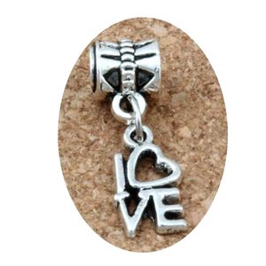 50pcs Dangle Ancient silver Love Charms Big Hole Beads Fit European Charm Bracelet Jewelry 8 X26MM286l