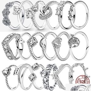 Çift Yüzük 925 Sterling Sier Pandora Yüzüğü İlkel Taç Kalp E Nişan Düğün Kristal Lüks Takı Teslimat Damlası Dhkon
