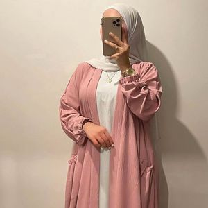 Etniska kläder Elegant muslimsk klänning för kvinnor Summer Fashion Belted Maxi Dubai Abaya Kimono Party Solid långärmad Turkiet Hijab Kaftan 230721