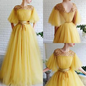 2020 żółte sukienki wieczorowe klejnot szyi linia koronkowa z koralikami długość podłogi wróżka sukienka na bal