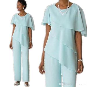 Vintage Mother of the Bride Pant Suits Simple Design Sky Blue Long Chiffon Trousers Plus Size Mothers Gowns288M