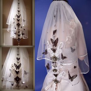 Véus de casamento curtos de duas camadas com apliques de borboleta Tule macio na altura do cotovelo Acessórios de noiva feito sob medida Véu para casamento Wi305h