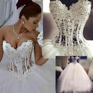 2019 Arabic Sweetheart Corset See Through Floor Length Princess Bridal Gowns Beaded Lace Pearls Custom Made Ball Gown Wedding Dres312b