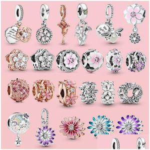 Charms 100 925 Sterling Sier wisiorek błyszczący płatek śniegu Rose Daisy Flower Bee Clip Kulki odpowiednie do oryginalnej Pandora Bracel Dhl5n