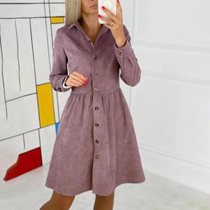 Women's Trench Coats Long-sleeved Button Down Single-breasted Shirt Corduroy Dress Female Elegant Solid Color High Wasit Tops