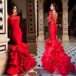 Fishtail Tiered Layered Ruffles Satin Prom Dresses 2019 Långärmad röd spets aftonklänning för kvinnor Pageant Celebrity211t